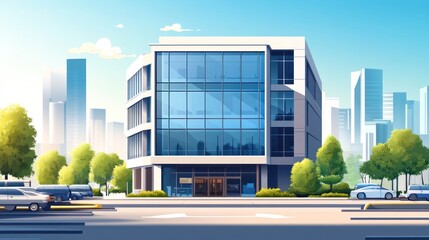 Modern office building city skyline sunny day parking lot