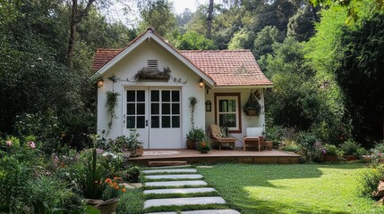 Charming garden house with a path and terrace nestled amidst lush greenery