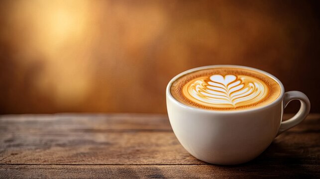 Close up of latte art in white mug on wooden table with blurred brown background in studio setting