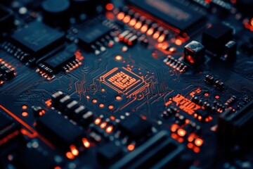 Obraz premium Close-up of a circuit board showcasing intricate electronic components lit by warm ambient light