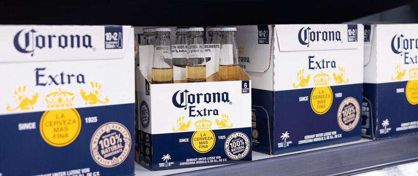 Corona Extra Beer Six-Pack on Shelf - FRANKFURT, GERMANY - MARCH 21, 2025