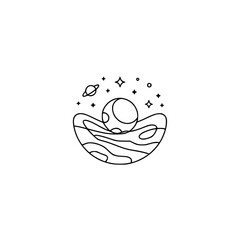Minimalist Space Scene Logo: Moon, Stars, Planet, Dreamy, Line Art