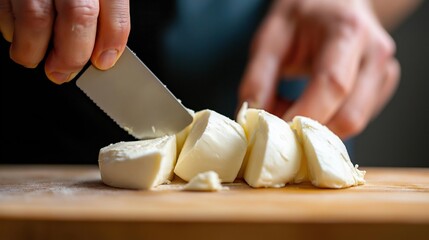 Person's hands holding a knife and cutting a block of butter on a wooden cutting board. the person is using the knife to slice the butter into small cubes.