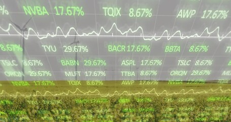 Stock market animation with data and graphs overlaying field of crops with turbines - Powered by Adobe