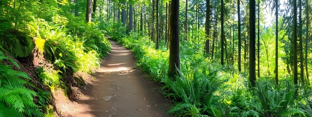 Fototapeta premium Serene Hiking Trail Surrounded by Lush Green Forest and Ferns