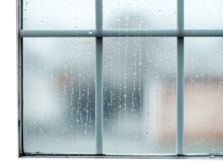 Raindrops on window glass during a rainy day in urban setting , cut out