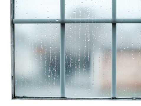 Raindrops on window glass during a rainy day in urban setting , cut out