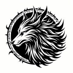 Stylized wolf head with intricate tribal details in black and white