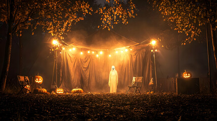 Ghost Figure on Stage at Halloween Event in the Woods