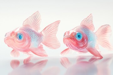 Fototapeta premium Two translucent pink goldfish with vibrant blue eyes, elegantly posed against a soft white background.