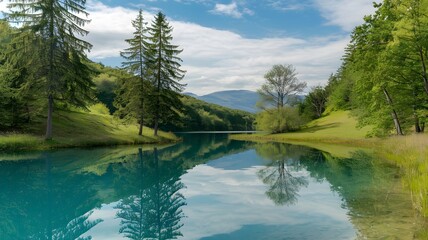 Fototapeta premium Turquoise Lake with Tree Reflections