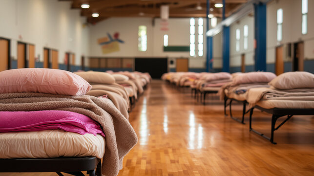 Emergency shelter cots in a gym, all neatly made with blankets and pillows, emphasizing care and order.