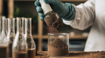 A gloved hand pours soil into a beaker, starting a sedimentation test in water.
