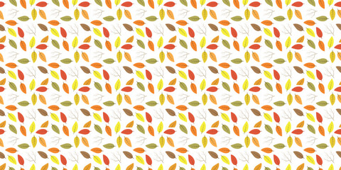 seamless autumn leaf pattern features a vibrant and colorful array of hand-drawn leaves in warm fall tones including orange, yellow, red, green, and brown.