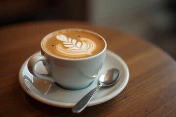 Fototapeta premium Close-up of a coffee cup with artistic latte art, featuring a delicate leaf pattern in foamed milk. Placed on a wooden table, showcasing coffee artistry