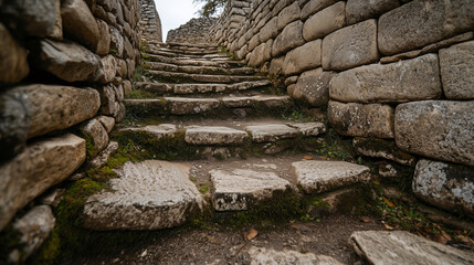 Ancient stone steps, worn smooth by centuries, with moss creeping along the cracks.