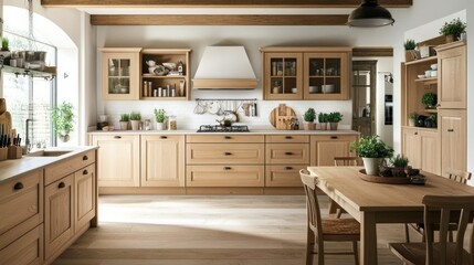 Rustic kitchen design, farmhouse style, light wood cabinets, cooking area, dining table