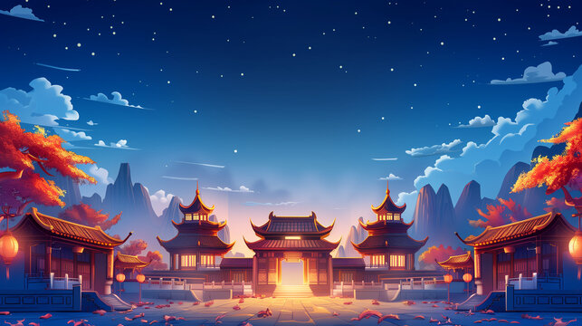 chinese temple in the night fantasy background