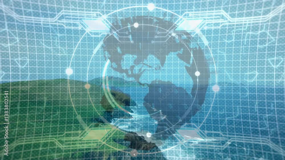 Poster digital animation of world map overlaying landscape with network data visualization
