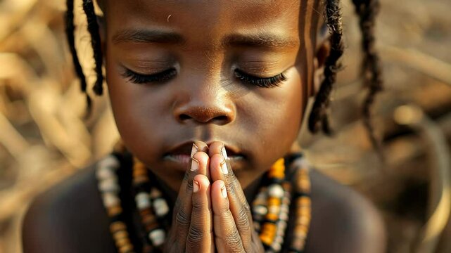 Little African girl earnestly praying in a serene natural setting during a warm afternoon in the village