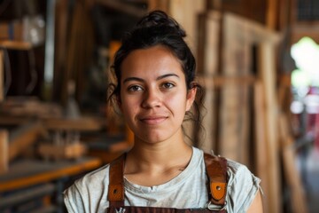 Obraz premium Portrait of a young hispanic female carpenter in shop