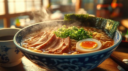 Steaming bowl of ramen with pork slices, boiled egg, green onions, seaweed, cozy Japanese restaurant setting