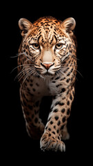 Fototapeta premium Stunning leopard portrait walking directly at the viewer, isolated on black for powerful phone wallpaper.