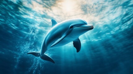 Fototapeta premium A dolphin swims gracefully in sunlit ocean water.