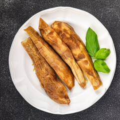 Eggplant baked vegetable cooking tasty fresh gourmet food background table rustic food top view copy space