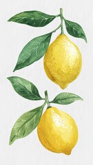 Watercolor illustration depicting two vibrant lemons hanging from a branch with lush green leaves. The art highlights the texture and color of the lemons, offering a fresh perspective.