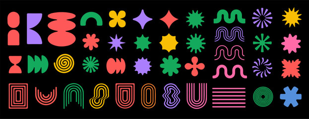 Vibrant collection of abstract geometric shapes in bright colors against a black background, including stars, spirals, and curves, arranged in a playful, modern grid pattern.