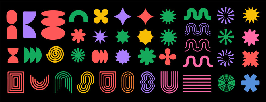 Vibrant collection of abstract geometric shapes in bright colors against a black background, including stars, spirals, and curves, arranged in a playful, modern grid pattern.