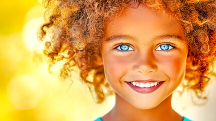Fototapeta premium Portrait of smiling child with big blue eyes and curly hair showing happiness