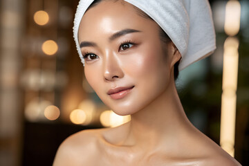 Fototapeta premium Aesthetic Salon Portrait of Asian Women Focused on Skincare