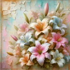 Fototapeta premium Dreamy floral composition with 3D lilies, fine gold trim, and a nostalgic pastel background with crackle textures and faded handwritten letters