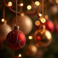 Fototapeta premium Close-up Beautiful Traditional Elegant Festive Shiny&nbsp;Hanging&nbsp;Red and Gold