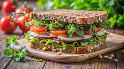 Fresh vegetable sandwich with pesto on wooden board