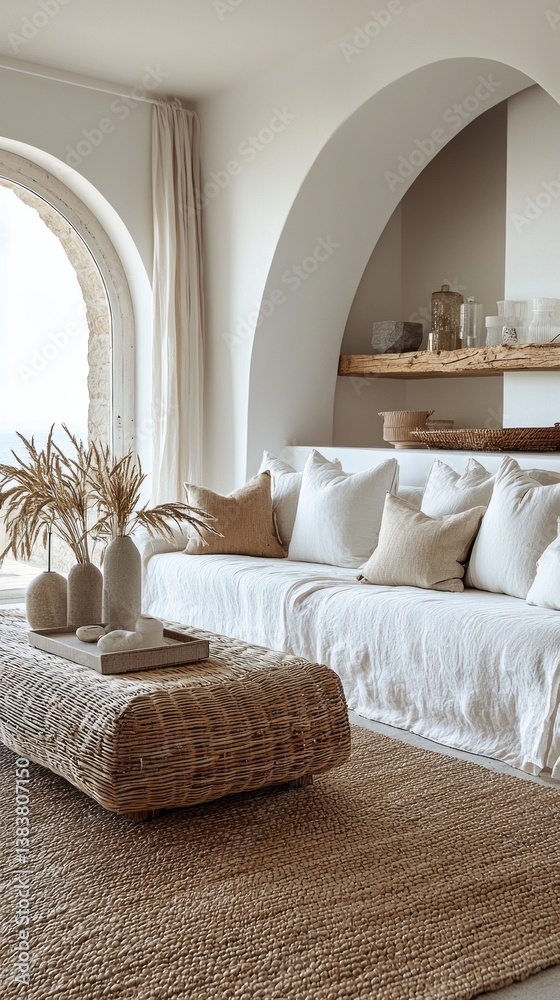 Aufkleber nestled by the coast, this serene living space showcases a comfortable white sofa adorned with soft 
