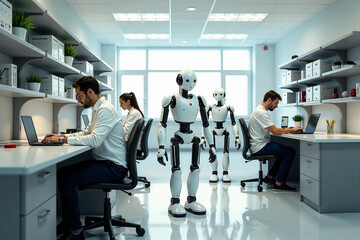 modern robotic cyborgs in the office working with people	