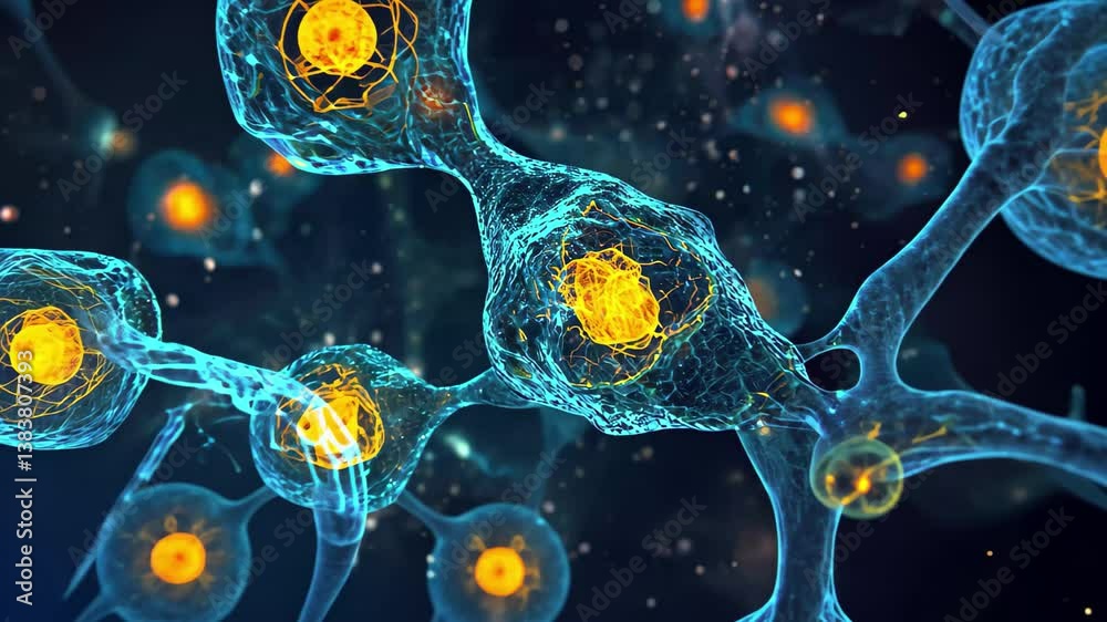 Aufkleber exploration of neural connections in glowing neurons under a microscope in vibrant 4k detail