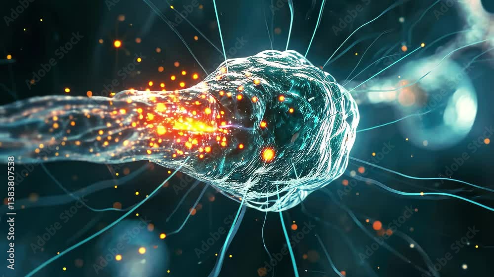 Aufkleber Dynamic close-up of a neuron with glowing synapses during neural transmission captured in vibrant 4k resolution
