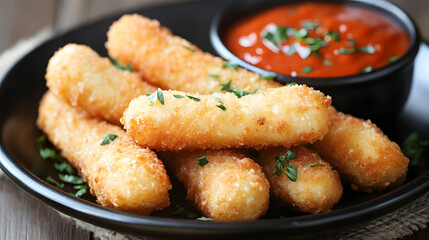 Crispy fried mozzarella sticks served with a spicy chili sauce on the side, perfect for sharing with friends.