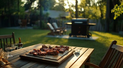 Grilled meat on wooden board rests on patio table, backyard BBQ in background at sunset.