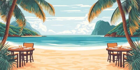 Fototapeta premium Tranquil Beach Scene with Tables Under Palm Trees by the Ocean