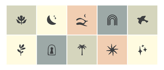 Modern boho set of simple minimalist icons. Bohemian hand drawn organic and nature design elements for web, stories covers, printing, posts and logo. Vector symbols on pastel backgrounds.