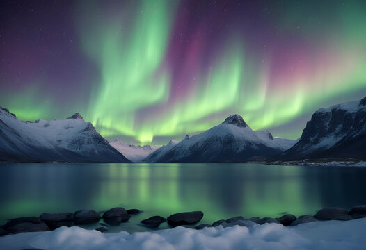 winter aurora polar northern fjord water lights bright reflection sky snowy snow over starry borealis landscape covered coast lake above mountains rocks island nature star galaxy mountain rock - Powered by Adobe