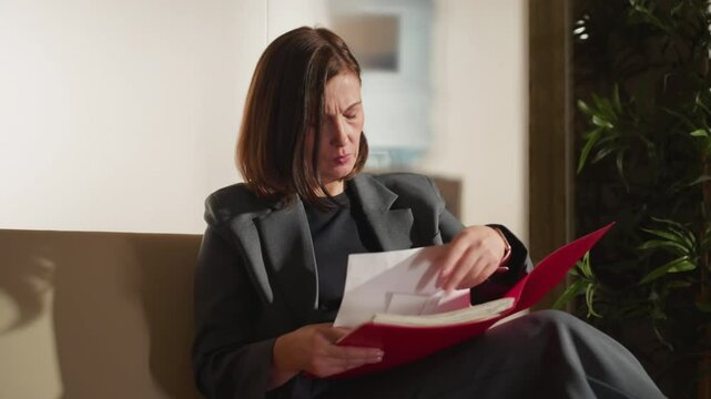 Focused businesswoman in gray suit closely examining papers in red folder while seated indoors, appearing serious and concentrated, surrounded by natural light and office elements