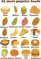 Hand drawn sketch of 20 most popular world foods in cute cartoon style. Stock vector illustration