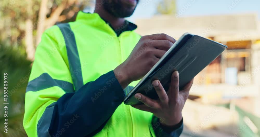 Poster Hands, architect and tablet for inspection of construction planning, site progress and architecture design. Man, digital blueprint and sketch of maintenance, quality control and project information