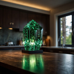 A glowing emerald crystal lamp on a wooden kitchen table. Surrounded by a cozy, modern interior with natural light from a window. Concept of stylish decor with mystical energy.